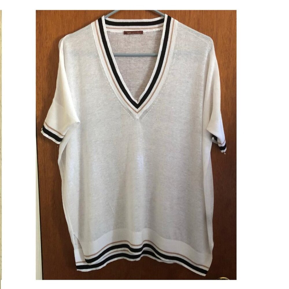 525 America, Linen Blend, Oversized Knit Sweater, White with Black&Tan, Sz Small